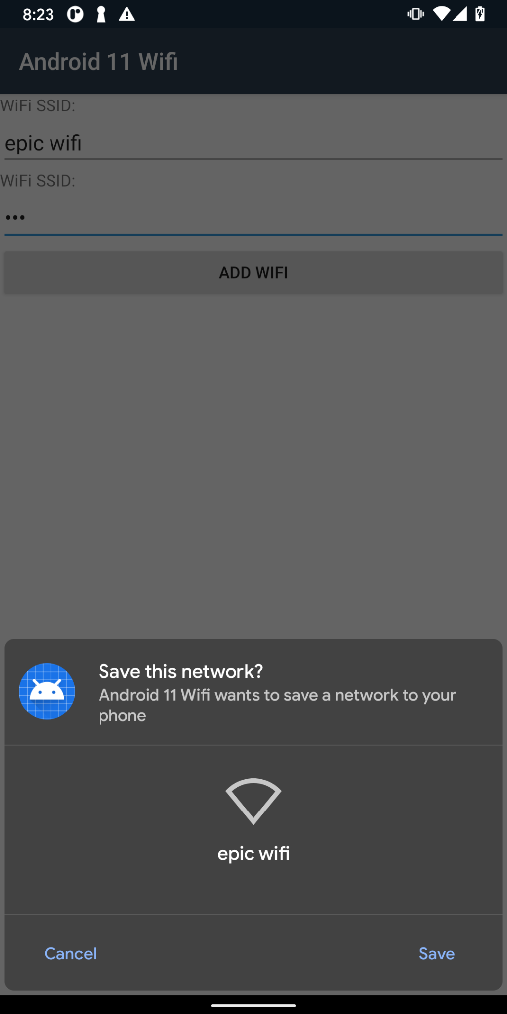 Screenshot of Save this network dialog